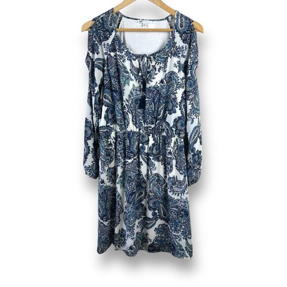 DR2 Dresses & Skirts - DR2 Women's M Long Sleeve Cold Shoulder Dress Blue Paisley Bohemian Western